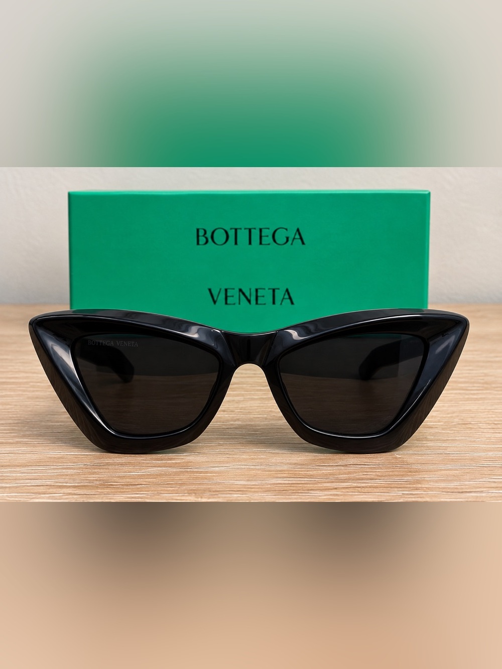 Bottega Veneta Black and Gold Cat-Eye Sunglasses + Box